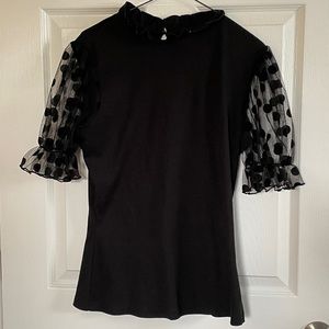 Super Cute Black Shirt with Polka Dot Puffy Sheer Short Sleeves sz L
